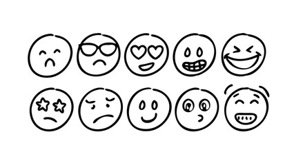 Hand drawn smiley faces with various expressions happy