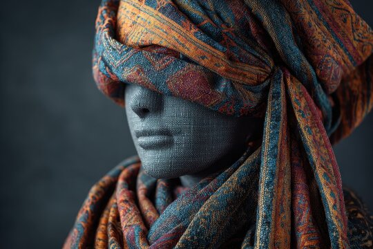 Vibrant photo of mysterious figure with ornate turban and textured face. - Powered by Adobe