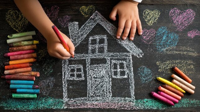 Child drawing house with crayons