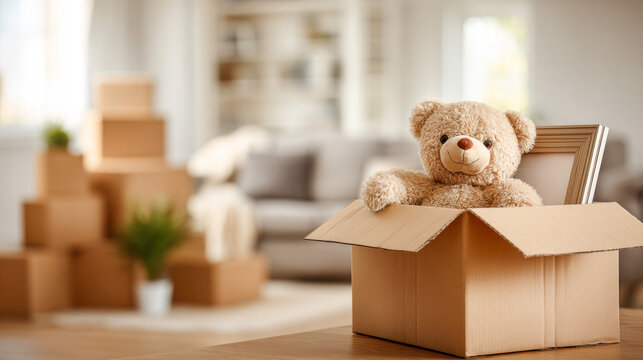 Family moving into a new home with a teddy bear in a box on a warm, welcoming day