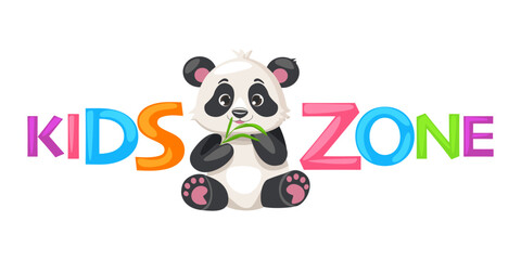 Kids Zone and cute Panda. Cartoon animal label for playroom, emblem for game education areas.