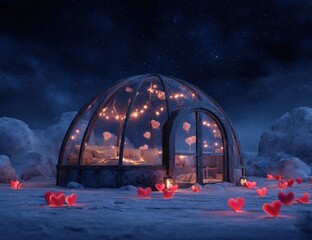 Vibrant photo of enchanting glass dome filled with glowing hearts under a starry night sky.