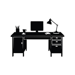 Black silhouette of a modern desk setup including computer and lamp, office desk silhouette vector illustration
