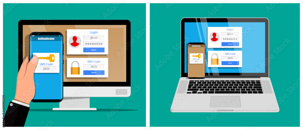 Wall mural user login to account on desktop computer. man hand hold smartphone for two factor authentification 