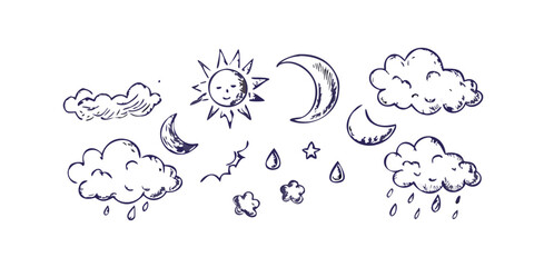 Hand drawn weather icons with clouds sun and moon night
