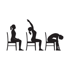 Chair yoga poses vector set, Simple stretching and fitness silhouettes