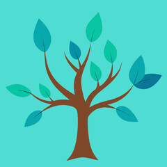 Obraz premium Vector art of stylized illustration of a tree with teal leaves and brown trunk on a teal background