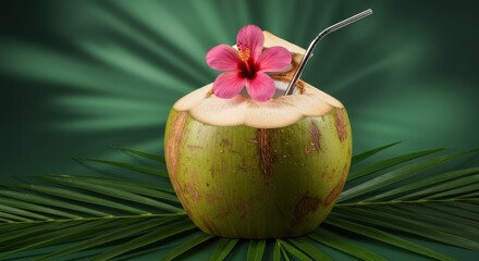 Refreshing coconut drink with hibiscus flower and reusable straw on lush green palm leaf background