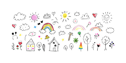Fototapeta premium Happy doodles with rainbows and houses clouds