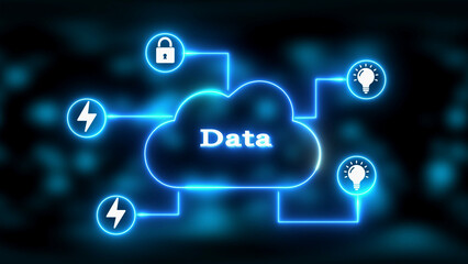 Data Cloud Computing Network with Blue Neon Icons for Security and Innovation technology connection
