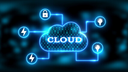 Blue Neon Cloud Icon with CLOUD Text and Binary Code Connected to Digital Symbols computing data