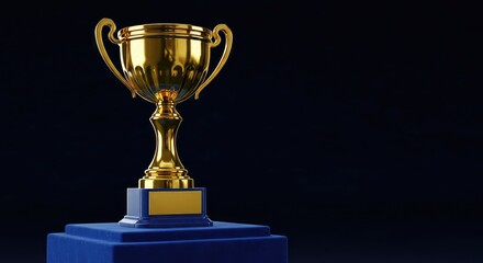 Celebrate ultimate victory with a gleaming golden trophy presented on a dramatic blue pedestal against a deep, dark background signifying achievement and prestige