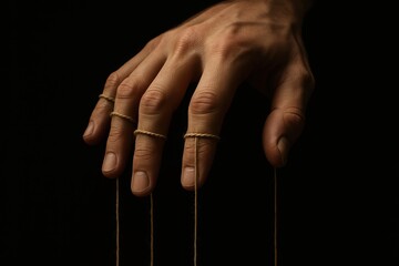 Control and Influence: A close-up shot presents a hand meticulously manipulating strings, symbolizing power and control over unseen elements, an intriguing visual exploration of influence.