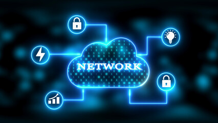 Blue Neon Network Cloud with Connected Icons for Growth, Security, and Ideas internet connection