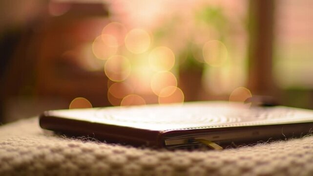 A closed notebook rests on a textured surface, with a blurred background.