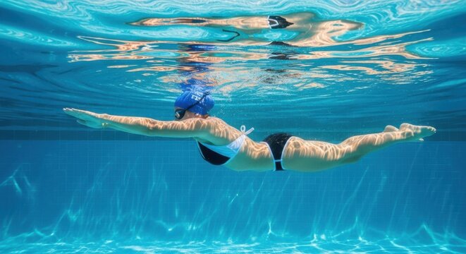 Woman swimming underwater in a blue swimming pool