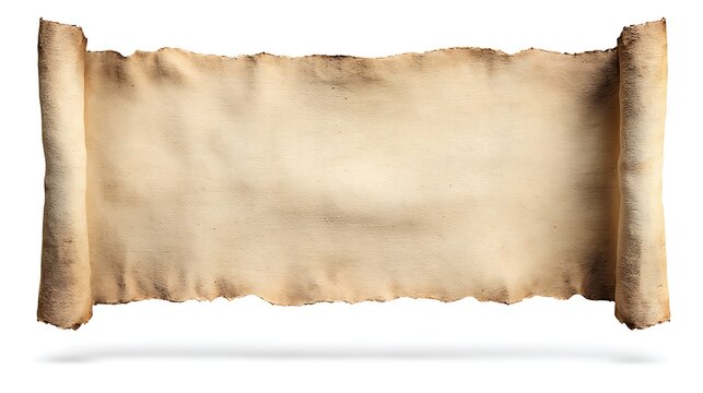 Aged paper banner unfurled, blank text area, isolated on white background for custom message insertion.
