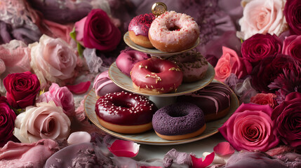 Pączki dla zakochanych – różnorodne nadzienia i polewy w odcieniach różu, czerwieni i burgundu, udekorowane kwiatami w romantycznej aranżacji.