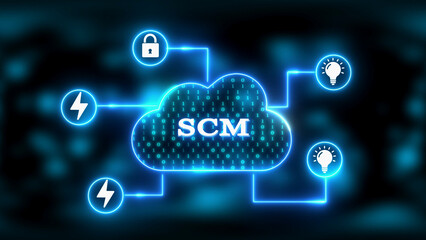 Fototapeta premium Neon Blue Cloud Network with SCM and Business Icons supply chain management cloud computing