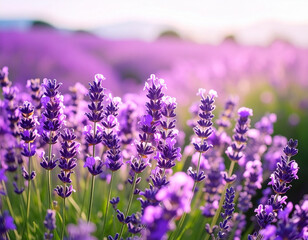 Fototapeta premium Close up of vibrant purple lavender flowers in a field with soft focus background