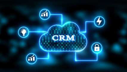 Cloud Computing Network with CRM and Business Icons in Neon Blue customer relationship management
