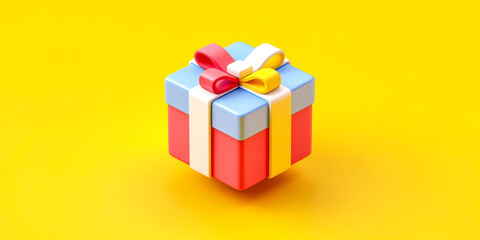 Colorful isometric gift box with vibrant decorations on yellow background