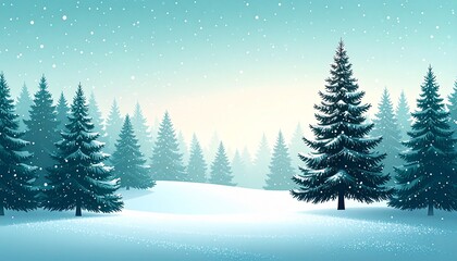 Fototapeta premium A peaceful winter landscape with tall pine trees covered in snow, soft falling snowflakes, and a calm seasonal atmosphere in blue tones.
