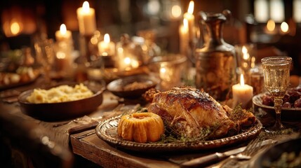 Rustic Dining Table with Roasted Turkey, Mashed Potatoes, and Pumpkin Decorated for a Seasonal Feast