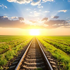 A bright, hopeful vista of train tracks stretching towards a vibrant sunset, illuminating a field of fresh, green grass.