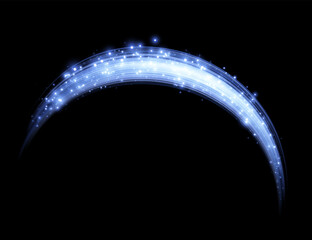 Abstract light effect on a black background. Glowing blue lines with shiny sparkles. Neon realistic energy speed. Vector illustration.