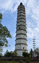 Historical Laiyan Tower on Mount Yintai in Guangyuan, Sichuan, China, a stone octagonal tower with 36 meters height and 13 floors built in late Qing Dynasty. Heritage.