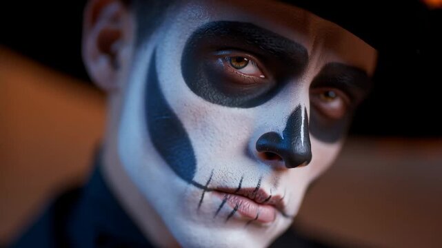 Man in charro hat with traditional calavera makeup for Day of the Dead celebration, a close up portrait footage.