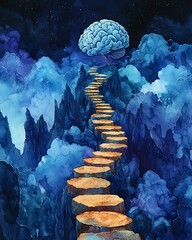 Surreal Path of Glowing Orange Stepping Stones Leading to Floating Brain in Mystical Blue Landscape
