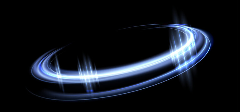 Blue glowing magic ring. Neon realistic energy flare halo ring. Abstract light effect on a black background. Vector illustration.