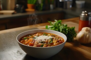 Hearty Bowl of Minestrone Soup with Beans and Pasta