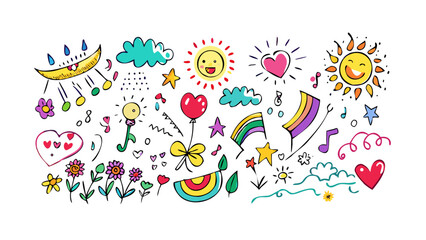 Playful doodle elements with suns hearts and rainbows