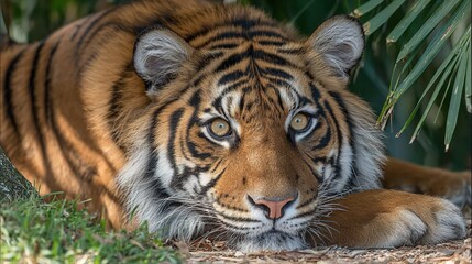 Majestic tiger close-up crouching in sunlit grass, shimmering stripes and intense gaze, detailed fur and eyes, wildlife power and nature theme