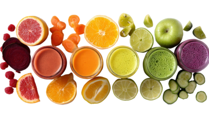 Organic Fruit and Veggie Juice: A flat lay of organic fruit and veggie juice with vibrant colors, isolated on a Transparent background, PNG file.