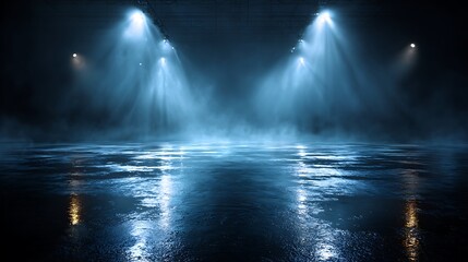 Obraz premium dark street wet asphalt reflections of rays in the water abstract dark blue background smoke smog empty dark scene neon light spotlights concrete floor.