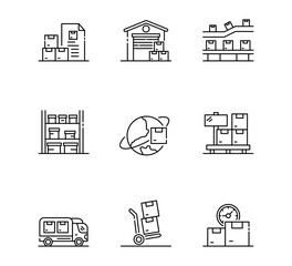 Set of Parcel logistics icon, transportation, Distribution warehouse, Delivery Symbol Outline icon Editable Stroke