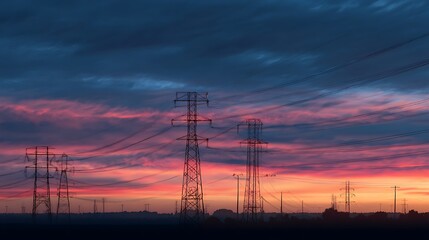 Digital Power Lines Dusk Landscape.
