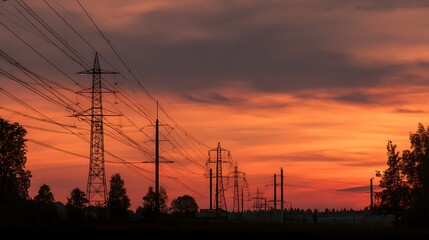 Digital Power Lines Dusk Landscape.