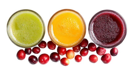Organic Fruit Juices: A flat lay of organic fruit juices like apple, orange, and cranberry, isolated on a Transparent background, PNG file.
