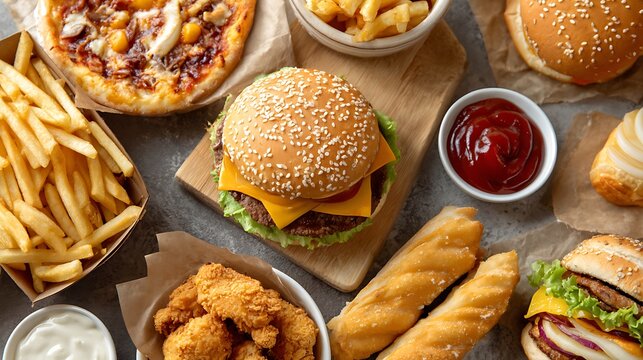 Diverse array of fast food items.