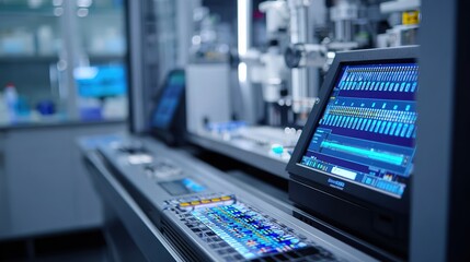 Naklejka premium gene chips loaded in the laboratory automated sequencer, robotic arms adding reagents, sequencing progress bar displayed on the screen, background is low - temperature storage cabinet