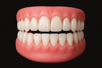 Obraz premium Perfectly aligned and healthy teeth. a detailed 3d render of a human jaw showing perfectly aligned, clean, and healthy white teeth, set against a black background