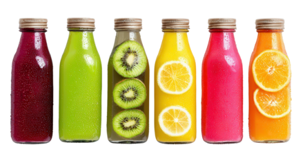Organic Fruit Juices in Bottles: A flat lay of organic fruit juices in glass bottles with bright colors, isolated on a Transparent background, PNG file.