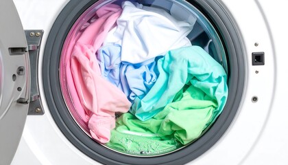 Vibrant colored clothes fill a washing machine's drum, ready for a cycle of cleaning.