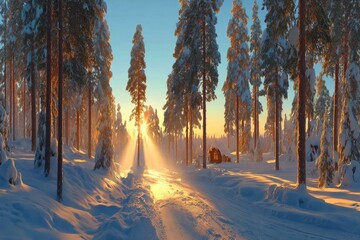 Snowy winter forest path at sunset. Sunlight beams through trees