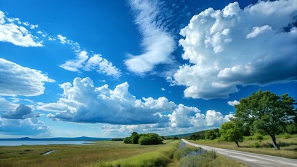 Fototapeta premium Scenic landscape with blue sky and white clouds on a sunny summer day